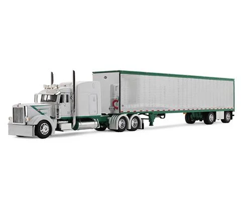 Peterbilt Model 389 with Mid-Roof Sleeper in White with Green Stripes Hauling Utility Trailer