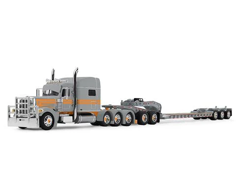 Capitola Trucking - Peterbilt Model 389 with 70 Mid-Roof Sleeper and Fontaine Tri-Axle Lowboy Trailer with Jeep in Silver