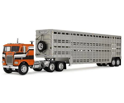Freightliner COE in Orange and Black with 45 Wilson Vintage Livestock Trailer - DCP