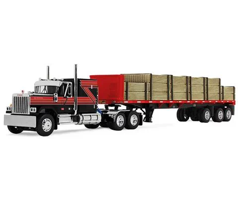 GMC General with 60 Flat Top Sleeper in Black and Red pulling a 48 Utility Flatbed Trailer with Lumber Load - DCP