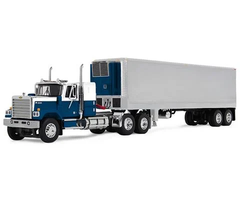 Chevrolet Bison with 34 Flat Top Sleeper in Blue and White Pulling a 40 Vintage Trailer with Reefer Unit - DCP