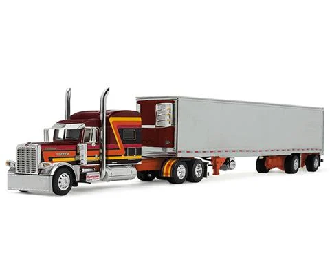 Hurricane Express - Peterbilt Model 389 Pride-N-Class in Maroon with Orange Yellow and Red Stripes Hauling Refrigerated Utility Trailer