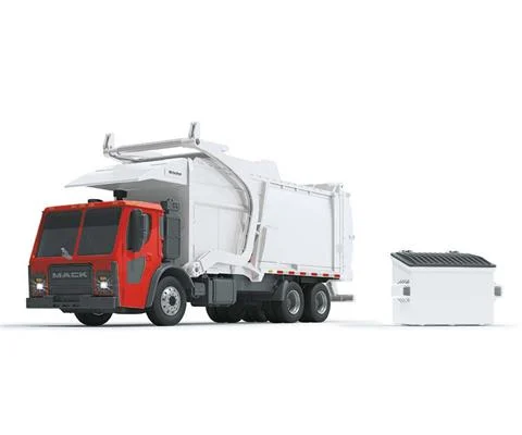Mack LR with McNeilus Meridian Front Loader Refuse Truck and Bin in Red and White - FIRST GEAR