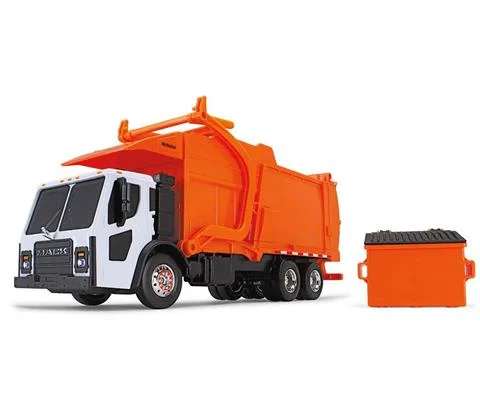 Mack LR with McNeilus Meridian Front Loader Refuse Truck and Bin in White and Orange - FIRST GEAR