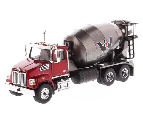 Western Star 4700 SF Concrete Mixer Truck in Red with Gun Metal Grey Drum - DIECAST MASTERS