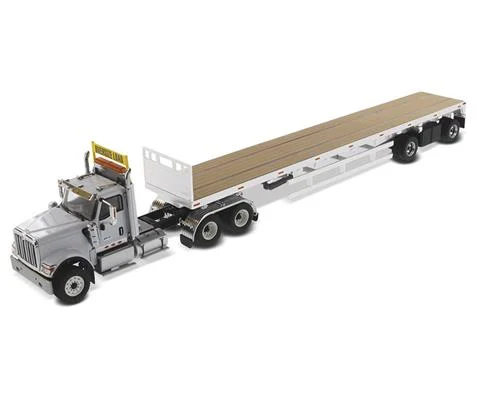 International HX520 Tandem Day Cab in Light Grey with 53 Flatbed Trailer in Silver - DIECAST MASTERS