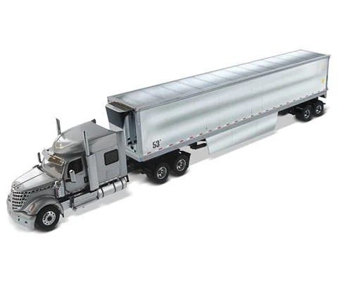 International LoneStar Day Cab in Silver with 53 Chrome Plated Refrigerated Trailer with Skirts - DIECAST MASTERS