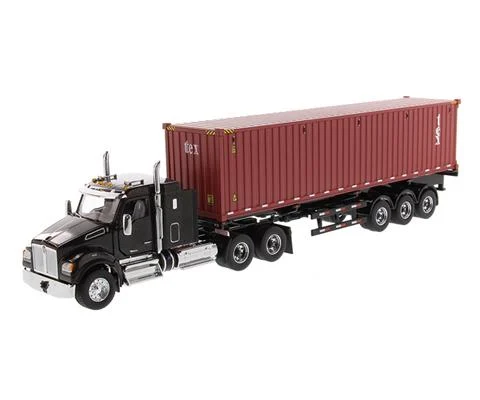 Kenworth T880 SFFA 40 Sleeper Tandem Tractor in Metallic Black with 40 Dry Goods Sea Container and Chassis - DIECAST MASTERS