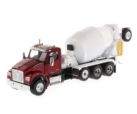 Kenworth T880 SFFA Tandem with Lift Axle and McNeilus Bridgemaster Concrete Mixer in Radiant Red - DIECAST MASTERS