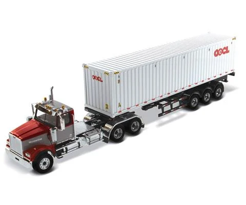Western Star 4900 SF Day Cab Tandem Tractor in Maroon and Gray with OOCL 40 Dry Good Sea Container - DIECAST MASTERS