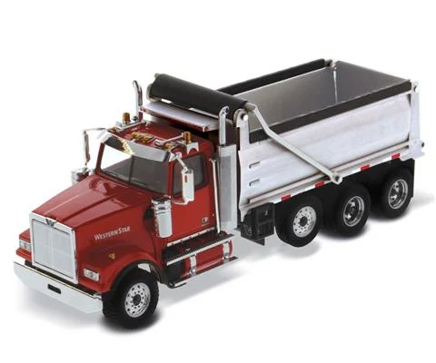Western Star 4900 SF Dump Truck with Red Cab and Matte Silver Dump Body - DIECAST MASTERS