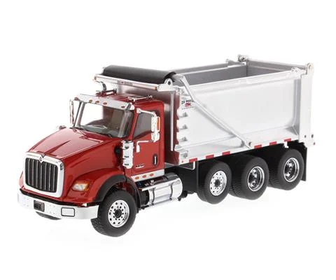 International HX260 Tandem Truck with Pusher Axle in Red with Ox Bodies Stampede Dump Bed - DIECAST MASTERS