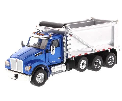 Kenworth T880S SFFA Tandem Truck with Pusher Axle in Metallic Blue with Ox Bodies Stampede Dump Bed - DIECAST MASTERS