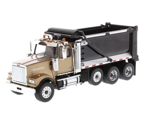 Western Star 4900 SF Tandem Truck with Pusher Axle in Gold with Ox Bodies Stampede Dump Bed - DIECAST MASTERS