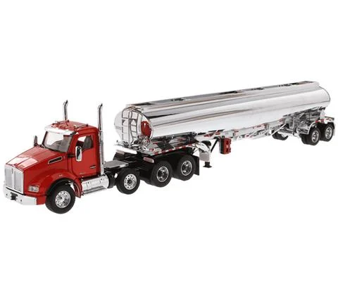 Kenworth T880S SBFA Tandem Day Cab in Red with Pusher Axle and Heil FD9300/DT-C4 Petroleum Tanker Trailer in Chrome