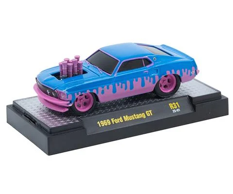 1969 Ford Mustang GT in Pink and Blue with Pink Tires - M2MACHINES