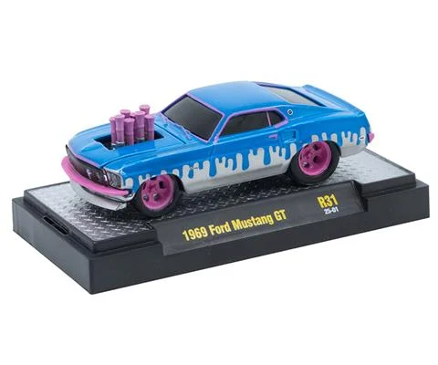 1969 Ford Mustang GT in Pink Blue and Silver with Pink Tires - M2MACHINES