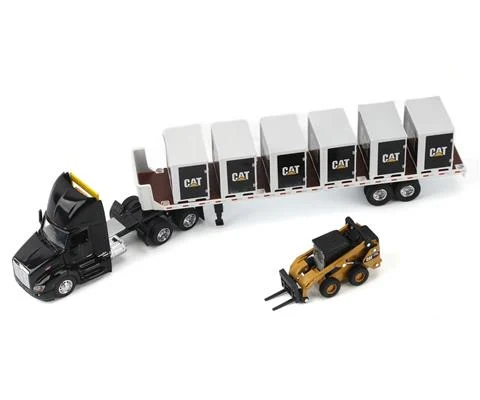 Peterbilt 579 Tractor in Black and Flatbed Trailer with Caterpillar 272D Wheeled Skid Steer Loader and 6 Pallet Boxes - DIECAST MASTERS
