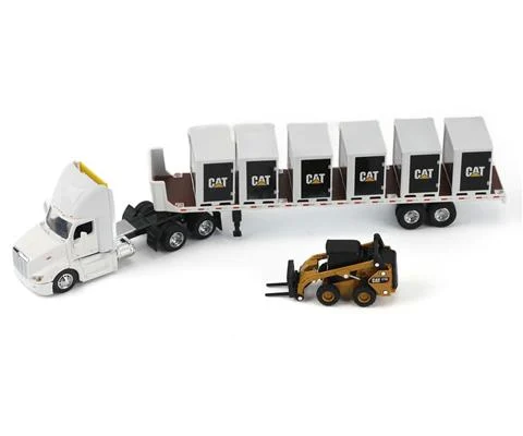 Peterbilt 579 Tractor in White and Flatbed Trailer with Caterpillar 272D Wheeled Skid Steer Loader and 6 Pallet Boxes - DIECAST MASTERS