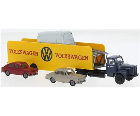 Volkswagen - 1962 Scania L111 Truck in Dark Blue with Car Carrier and Cars