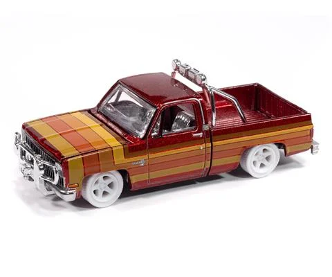 1981 Chevrolet Silverado Fleetside Lowered in Ultra Red with Chrome Accents 5 Color Stripe Graphics White Wheels and White Rims - AUTO WORLD