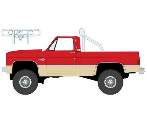 1987 Chevrolet Silverado Fleetside 4x4 Pickup Truck with Roll Bar and Push Bar in Bright Red with Tan Lower 2-Tone