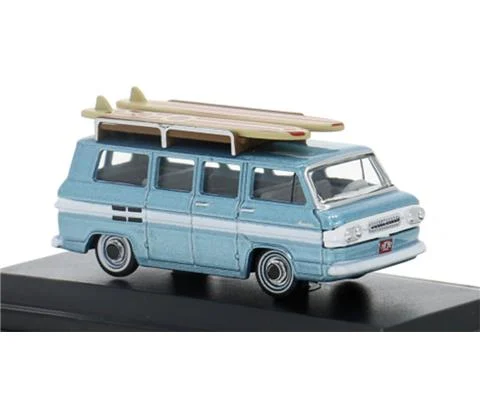 1961 Chevrolet Corvair Greenbrier Passenger Wagon in Light Blue with Surf Board on Roof - OXFORD