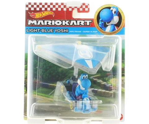 Light-Blue Yoshi in Pipe-Frame Kart with Super Glider