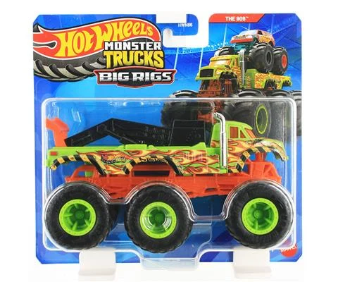 The 909 in Lime Green with Flame Graphics and Orange Chassis - HOT WHEELS