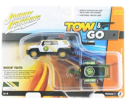 2014 Toyota FJ Cruiser with Small Open Trailer in White and Gold with Gold Rims - JOHNNY LIGHTNING