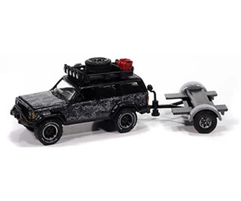 Jeep Cherokee XJ with Tow Dolly in Black and Gray - JOHNNY LIGHTNING