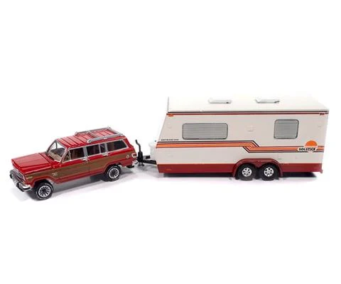 1981 Jeep Wagoneer with Camper Trailer in Oriental Red - JOHNNY LIGHTNING