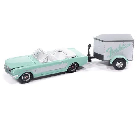 1965 Ford Mustang Convertible with Small Enclosed Trailer in Aquamarine - JOHNNY LIGHTNING