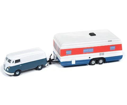 1965 Volkswagen Transporter in Dove Blue and White with Vintage Mobile Home - JOHNNY LIGHTNING