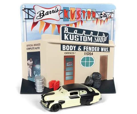 1949 Ford Mercury Project Car in Ivory and Flat Black with Barris Custom Shop Diorama - JOHNNY LIGHTNING