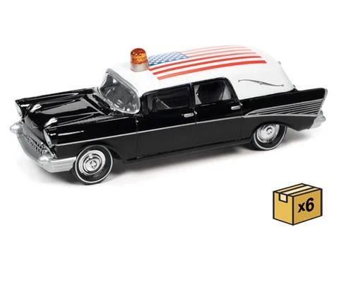 1957 Chevrolet Hearse in Black and White with American Flag Graphics - 6 Pieces in a Non-Returnable Factory-Sealed Case