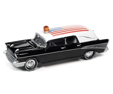 1957 Chevrolet Hearse in Black and White with American Flag Graphics - JOHNNY LIGHTNING