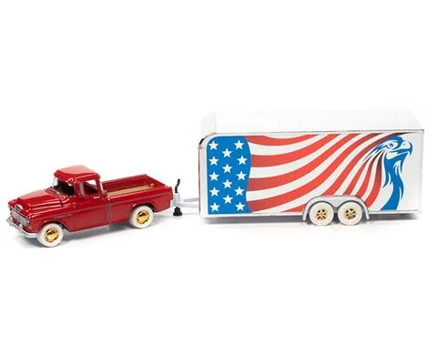 1955 Chevrolet Cameo Pickup Truck in Red with Enclosed Car Trailer - White Lightning Chase