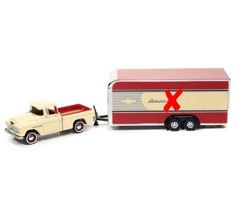1955 Chevrolet Cameo Pickup Truck in Bombay Ivory with Enclosed Car Trailer - JOHNNY LIGHTNING