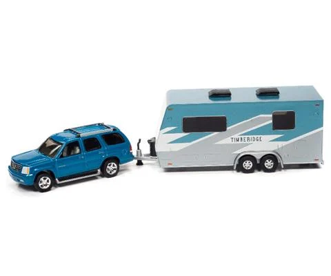 2005 Cadillac Escalade in Teal with Camper Trailer - JOHNNY LIGHTNING