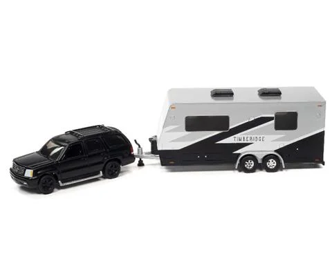 2005 Cadillac Escalade in Matte Black with Camper Trailer - JOHNNY LIGHTNING