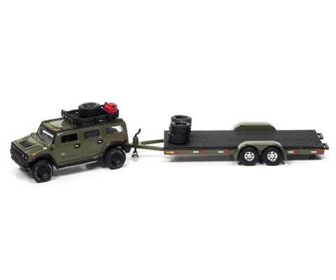 2004 Hummer Moss Green with Open Trailer - JOHNNY LIGHTNING