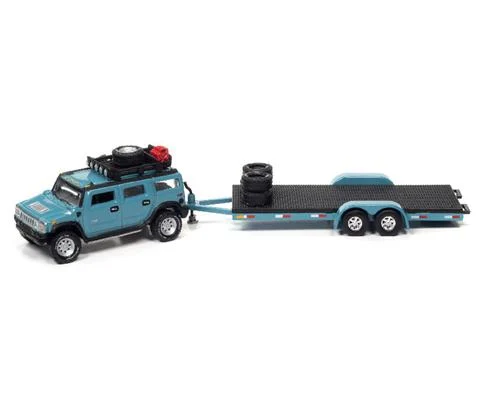 2004 Hummer Ocean Blue with Open Trailer - JOHNNY LIGHTNING