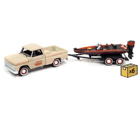 1965 Chevrolet Stepside Pickup Truck in Pale Beige Orange and Black with Bass Boat and Trailer - 6 pieces in