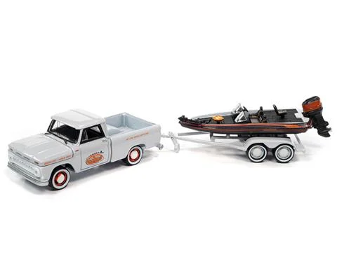 1965 Chevrolet Stepside Pickup Truck in WHITE LIGHTNING Orange and Black with Bass Boat and WHITE LIGHTNING Trailer - JOHNNY LIGHTNING