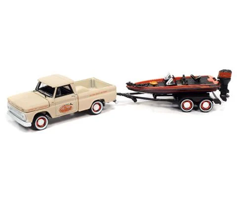 1965 Chevrolet Stepside Pickup Truck in Beige Orange and Black with Bass Boat and Trailer - JOHNNY LIGHTNING