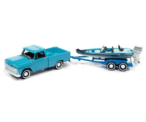 1965 Chevrolet Stepside Pickup in Light Turquoise Blue and White with Bass Boat and Trailer - JOHNNY LIGHTNING