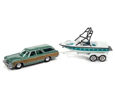 1973 Chevrolet Caprice Woody Wagon in Two Tone Green with Mastercraft Boat and Trailer - JOHNNY LIGHTNING