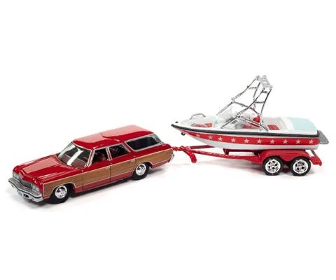 1973 Chevrolet Caprice Woody Wagon in White and Red with Mastercraft Boat and Trailer - JOHNNY LIGHTNING