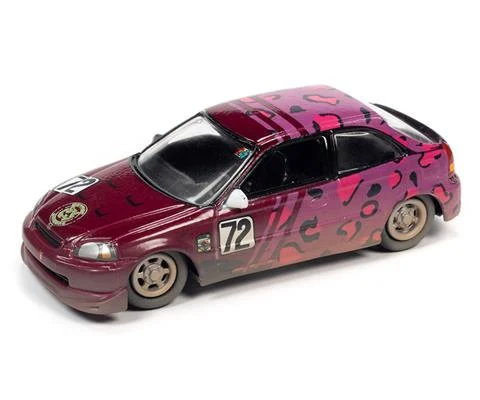 1998 Honda Civic in Magenta Metallic with Fuchsia Leopard Print and Road Dust Effect - 24 Hours of Lemons